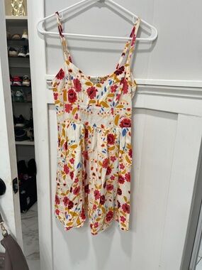 Express Floral Spaghetti-Strap Dress - Cream with Red, Mustard & Blue
